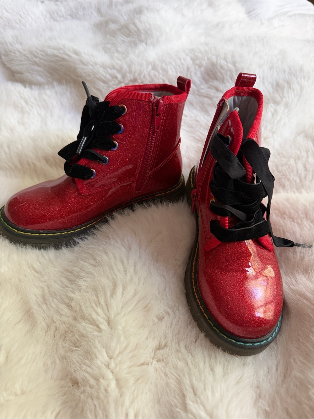 Dream Pairs Red Glitter Lace-Up Kids Ankle Boots with Black Ribbon Laces